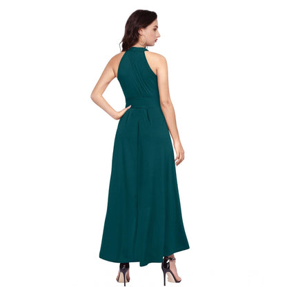 Women's Polyster Solid Halter Neck Sleeveless Dress (Morpichh)