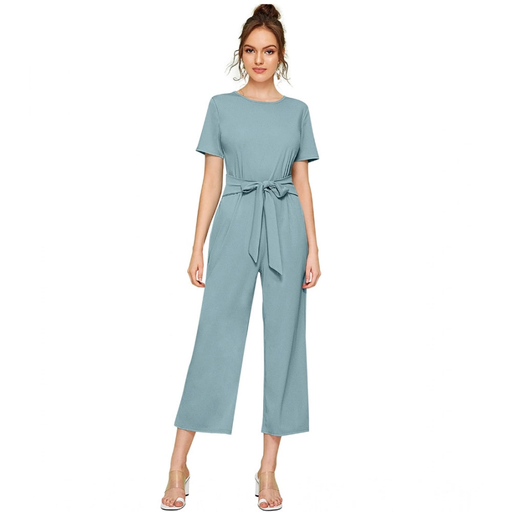 Women's Knitting stretchable Solid Round Neck Cap Sleeve Jumpsuit (Pista )