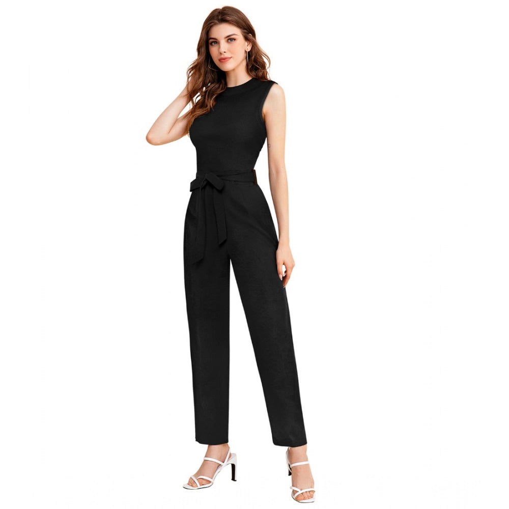 Women's Knitting stretchable Solid Round Neck Sleeveless Jumpsuit (Black)