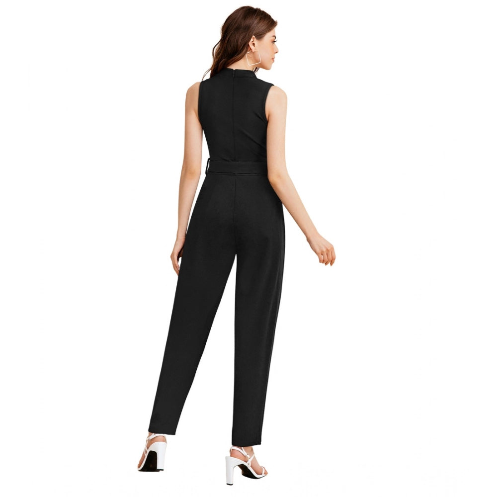 Women's Knitting stretchable Solid Round Neck Sleeveless Jumpsuit (Black)