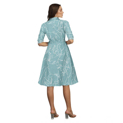 Women's Ruby Cotton Printed Shirt Collar 3-4th Sleeve Dress (Pista)
