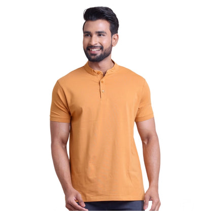 Men's Casual Cotton Solid Half Sleeve Mandarin Collar T-Shirt (Brown)