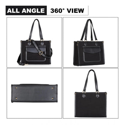 Women's Canvas Medium Top handle Satchel Zipper Handbag (Black)
