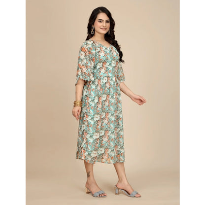 Women's Georgette Printed Round Neck Short Sleeve Dress (Multicolor)
