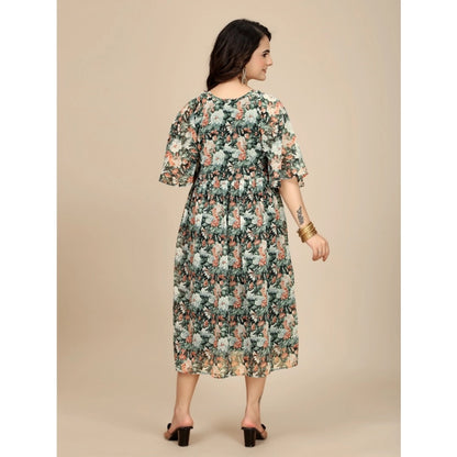 Women's Georgette Printed Round Neck Short Sleeve Dress (Black)