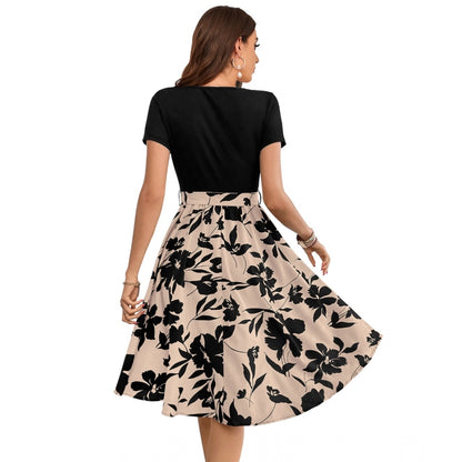Women's Knitting Printed Round Neck Short Sleeve Dress (Cream)
