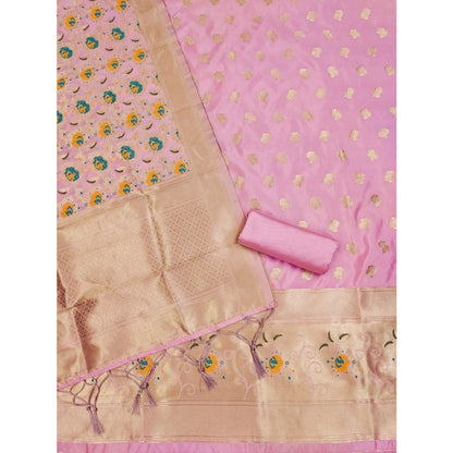 Women's Banarasi Silk Printed Unstitched Salwar Suit Material With Dupatta (Pink, 3Mtrs)