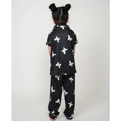 Generic Girl's Silk Bleand Printed Short Sleeve Night Suit Set (Black)