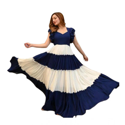 Women's Georgette Solid Half Sleeve Gown (Blue-White)