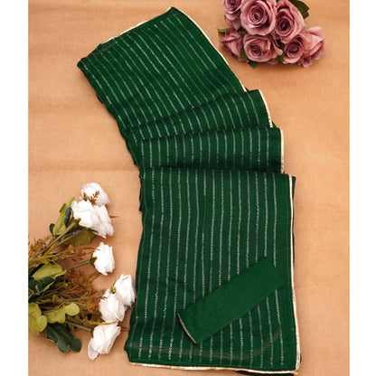 Women's Vichitra Silk Striped Saree With Unstitched Blouse 5.5Mtr (Green)