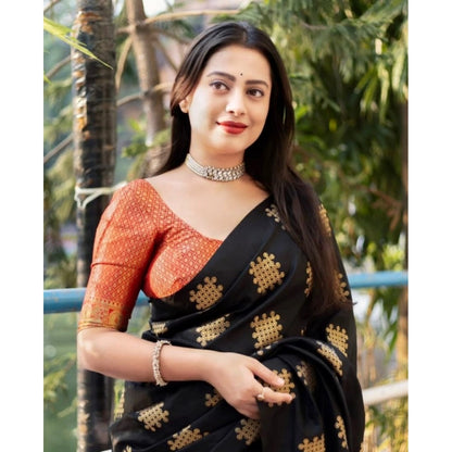 Women's Silk Printed Saree With Unstitched Blouse 5.5Mtr (Blacl-Orange)