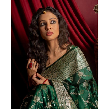 Women's Silk Printed Saree With Unstitched Blouse 5.5Mtr (Dark Green)