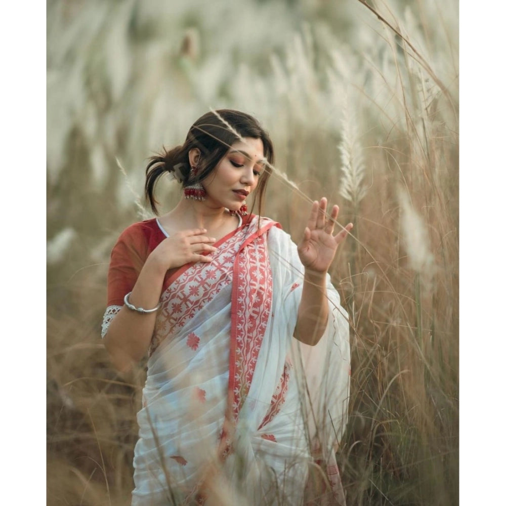 Women's Cotton  Printed Saree With Unstitched Blouse 5.5Mtr (White-Red)