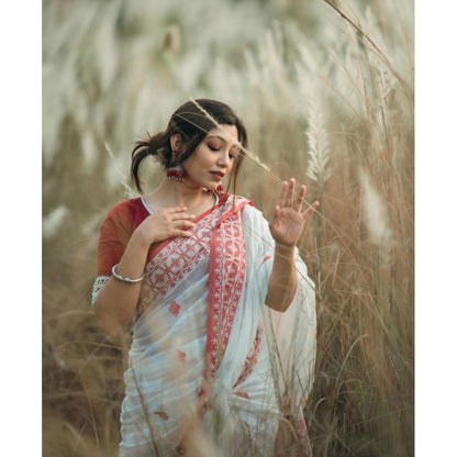 Women's Cotton  Printed Saree With Unstitched Blouse 5.5Mtr (White-Red)