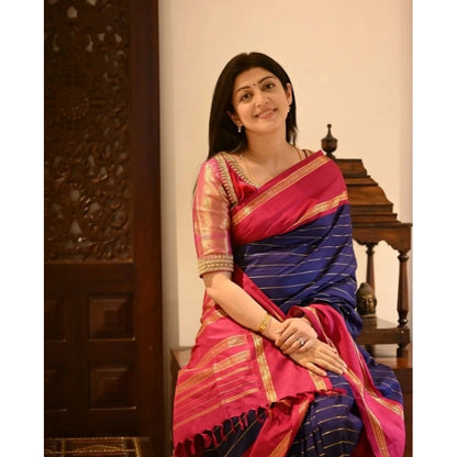 Women's Silk Printed Saree With Unstitched Blouse 5.5Mtr (Navy Blue)