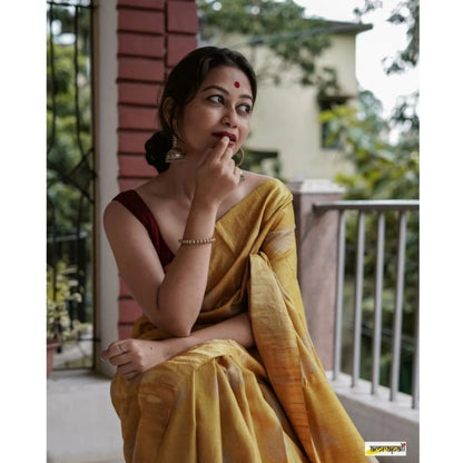 Women's Silk Printed Saree With Unstitched Blouse 5.5Mtr (Yellow)