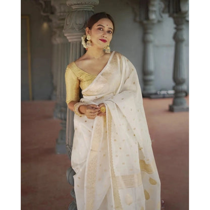 Women's Cotton  Printed Saree With Unstitched Blouse 5.5Mtr (White)