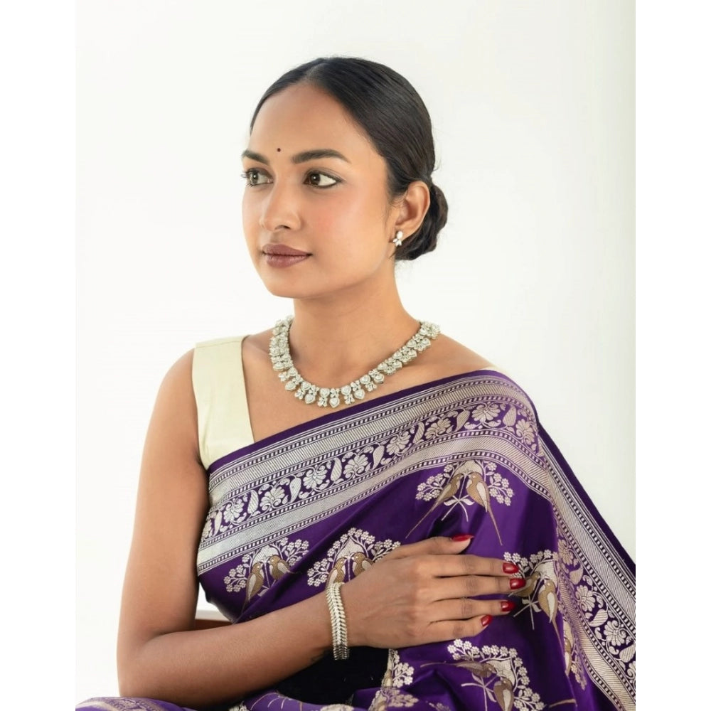 Women's Silk Printed Saree With Unstitched Blouse 5.5Mtr (Purple)