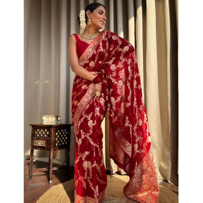 Women's Silk Printed Saree With Unstitched Blouse 5.5Mtr (Red)