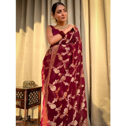 Women's Silk Printed Saree With Unstitched Blouse 5.5Mtr (Maroon)