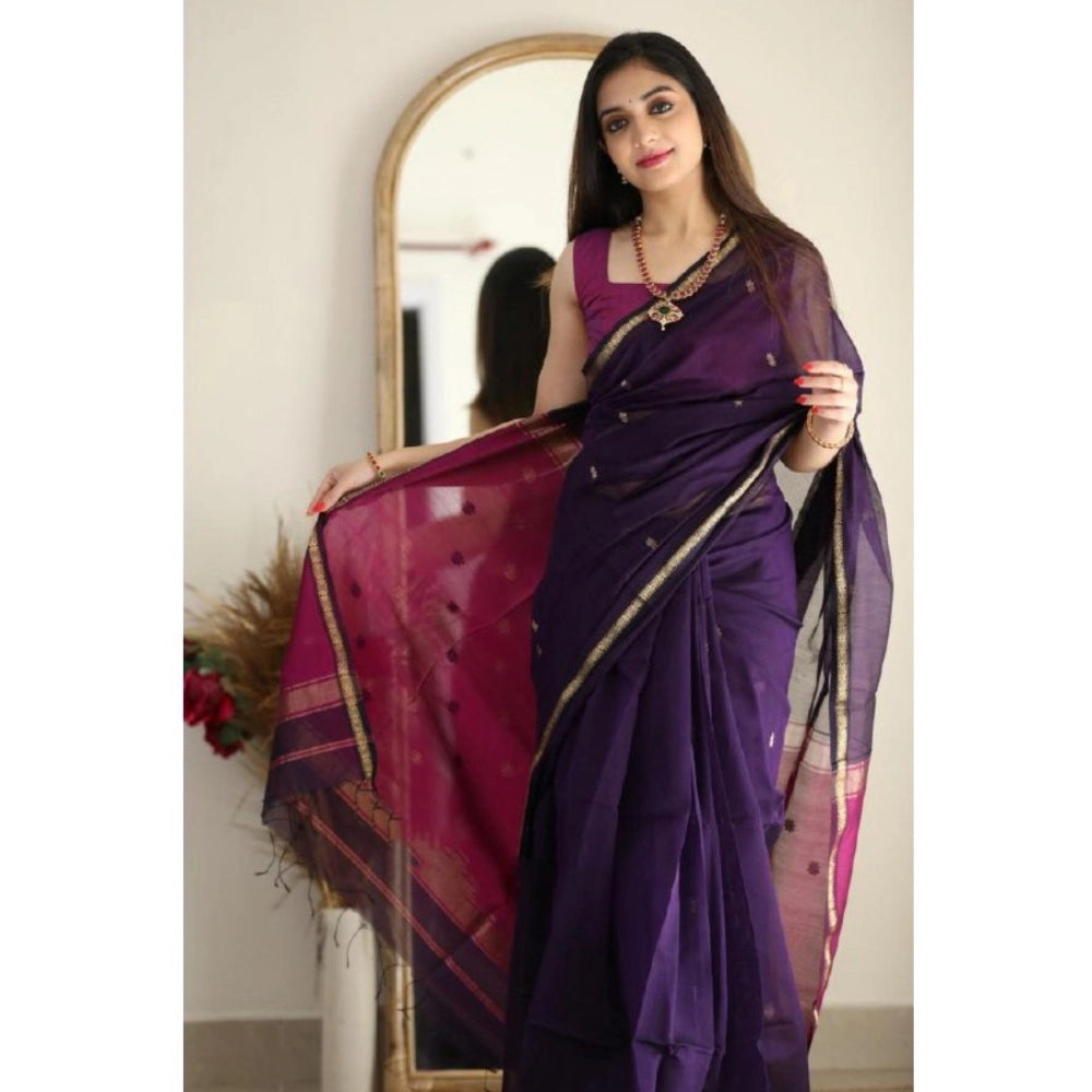 Women's Cotton  Printed Saree With Unstitched Blouse 5.5Mtr (Navy Blue)