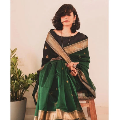 Women's Silk Printed Saree With Unstitched Blouse 5.5Mtr (Dark Green)