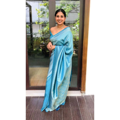 Women's Silk Printed Saree With Unstitched Blouse 5.5Mtr (Sky Blue)
