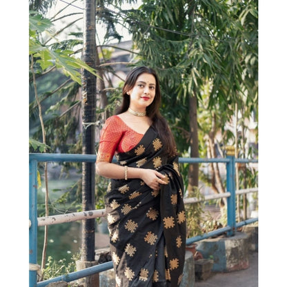 Women's Silk Printed Saree With Unstitched Blouse 5.5Mtr (Blacl-Orange)