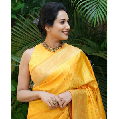 Women's Silk Printed Saree With Unstitched Blouse 5.5Mtr (Yellow)