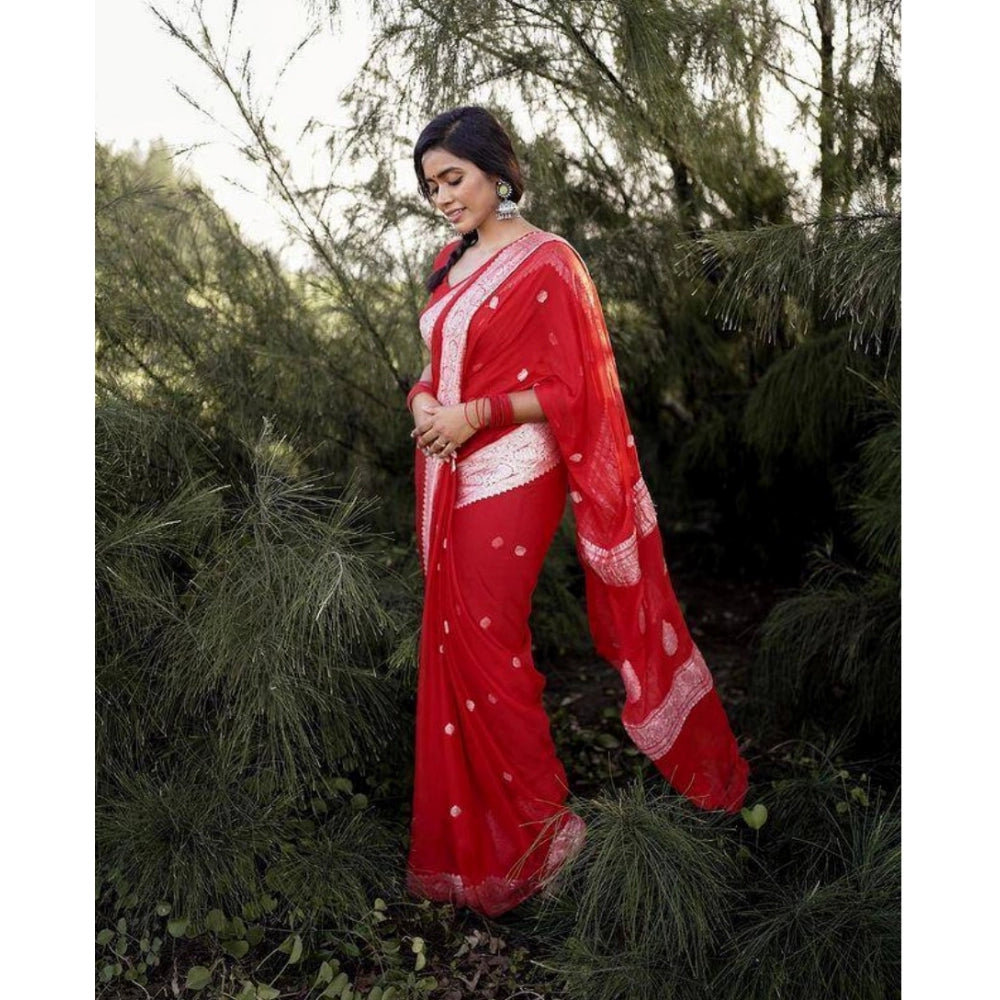 Women's Cotton  Printed Saree With Unstitched Blouse 5.5Mtr (Red)