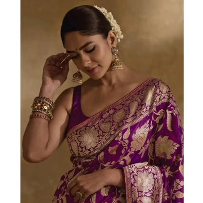 Women's Silk Printed Saree With Unstitched Blouse 5.5Mtr (Purple)