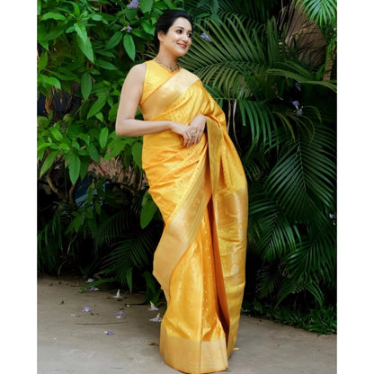 Women's Silk Printed Saree With Unstitched Blouse 5.5Mtr (Yellow)
