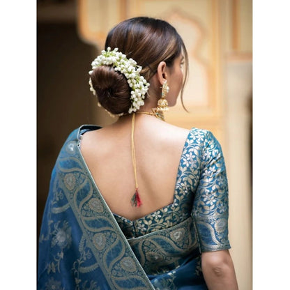 Women's Silk Printed Saree With Unstitched Blouse 5.5Mtr (Teal Blue)