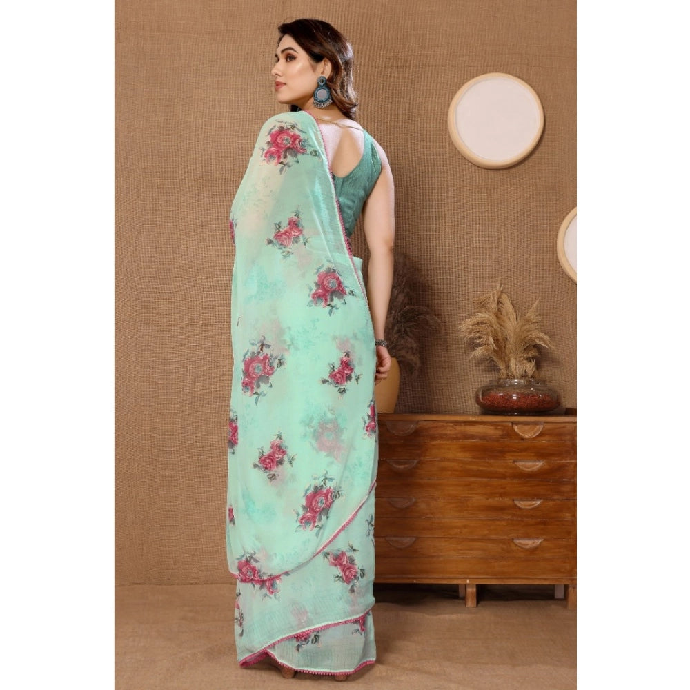 Women's Small Lace Georgette Printed Ready-to-Wear Saree With Unstitched Blouse 5.5 Mtr (Turquoise)