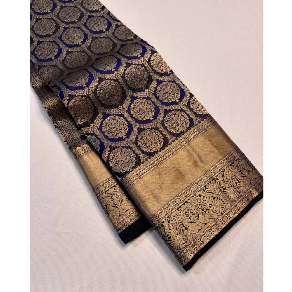Women's Silk Printed Saree With Unstitched Blouse 5.5Mtr (Navy Blue)