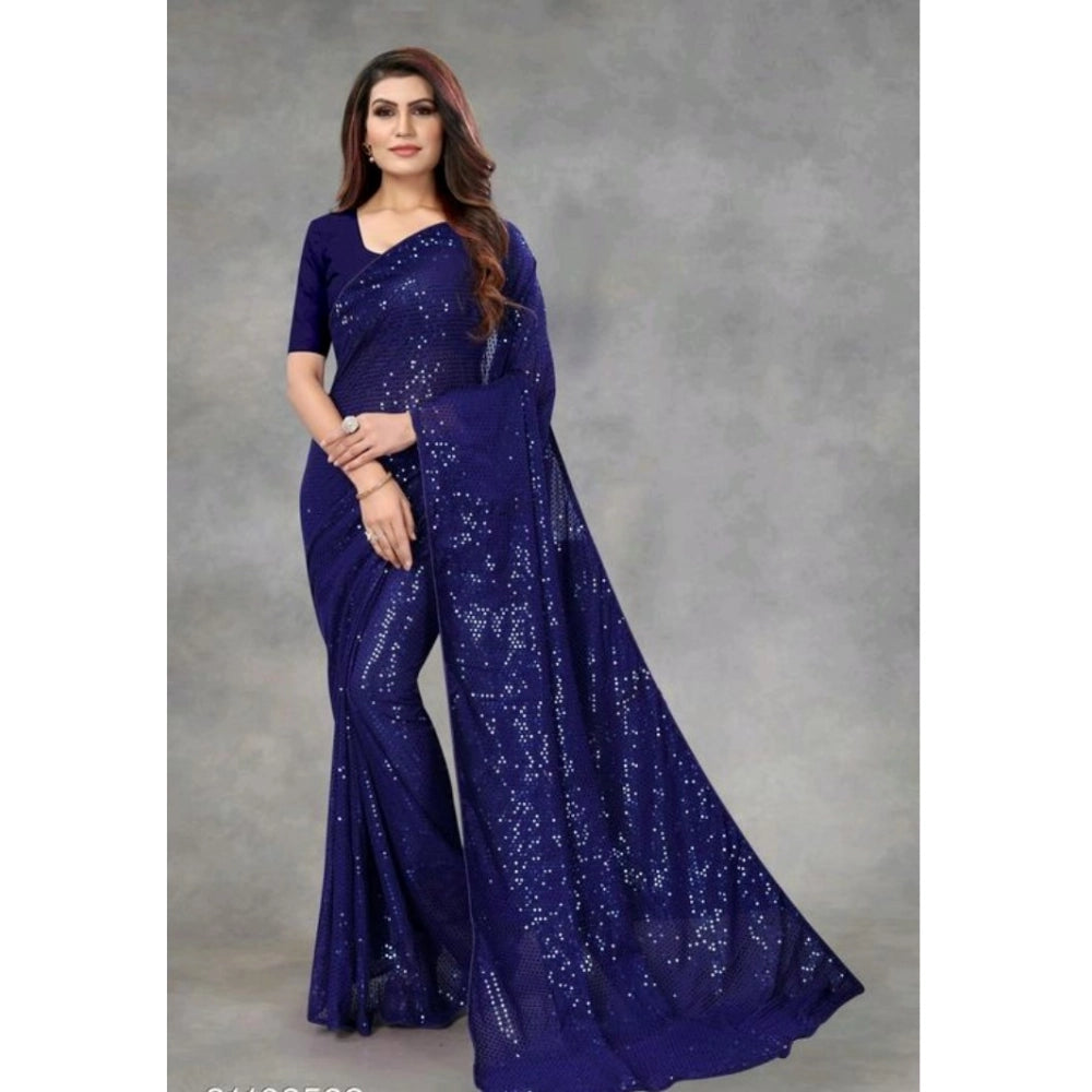 Women's Georgette Embellished Sequnece Bollywood Saree With Unstitched Blouse 5.5Mtr (Blue)