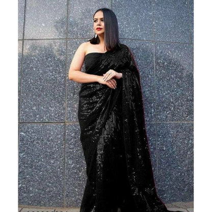 Women's Georgette Embellished Sequnece Bollywood Saree With Unstitched Blouse 5.5Mtr (Black)