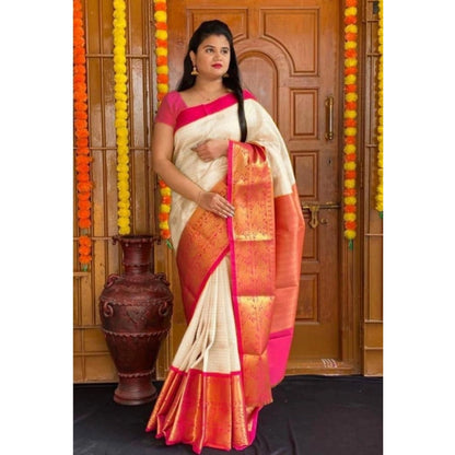 Women's Soft Lichi Silk Printed Saree With Unstitched Blouse 5.5Mtr (Cream)