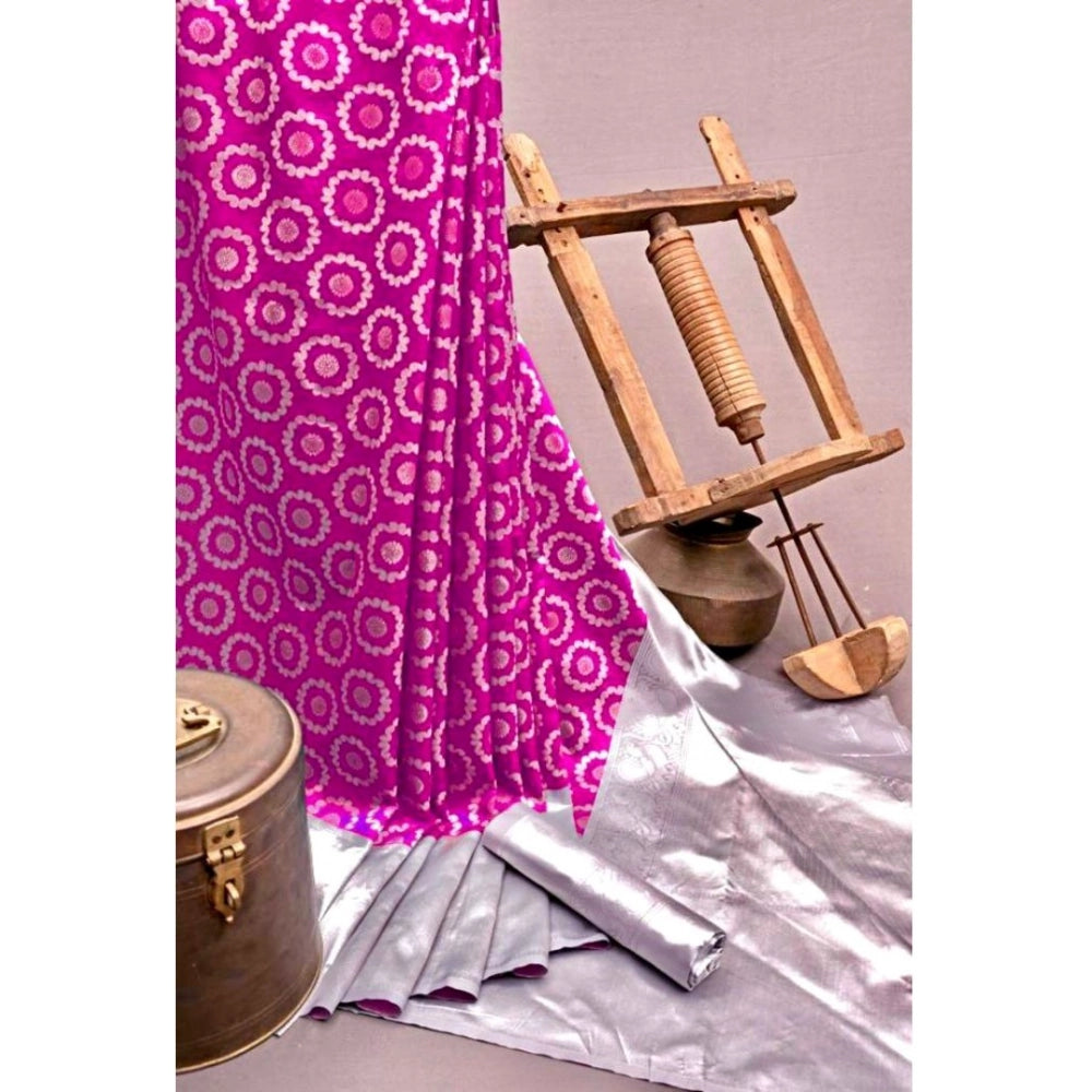Women's Soft Lichi Silk Printed Saree With Unstitched Blouse 5.5Mtr (Pink)
