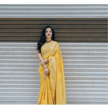 Women's Soft Lichi Silk Printed Saree With Unstitched Blouse 5.5Mtr (Yellow)