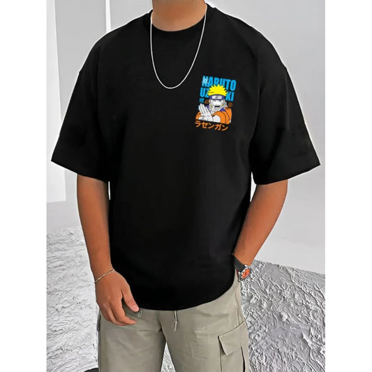 Men's Casual Cotton Blend Printed Round Neck Half Sleeve T-Shirt (Black)