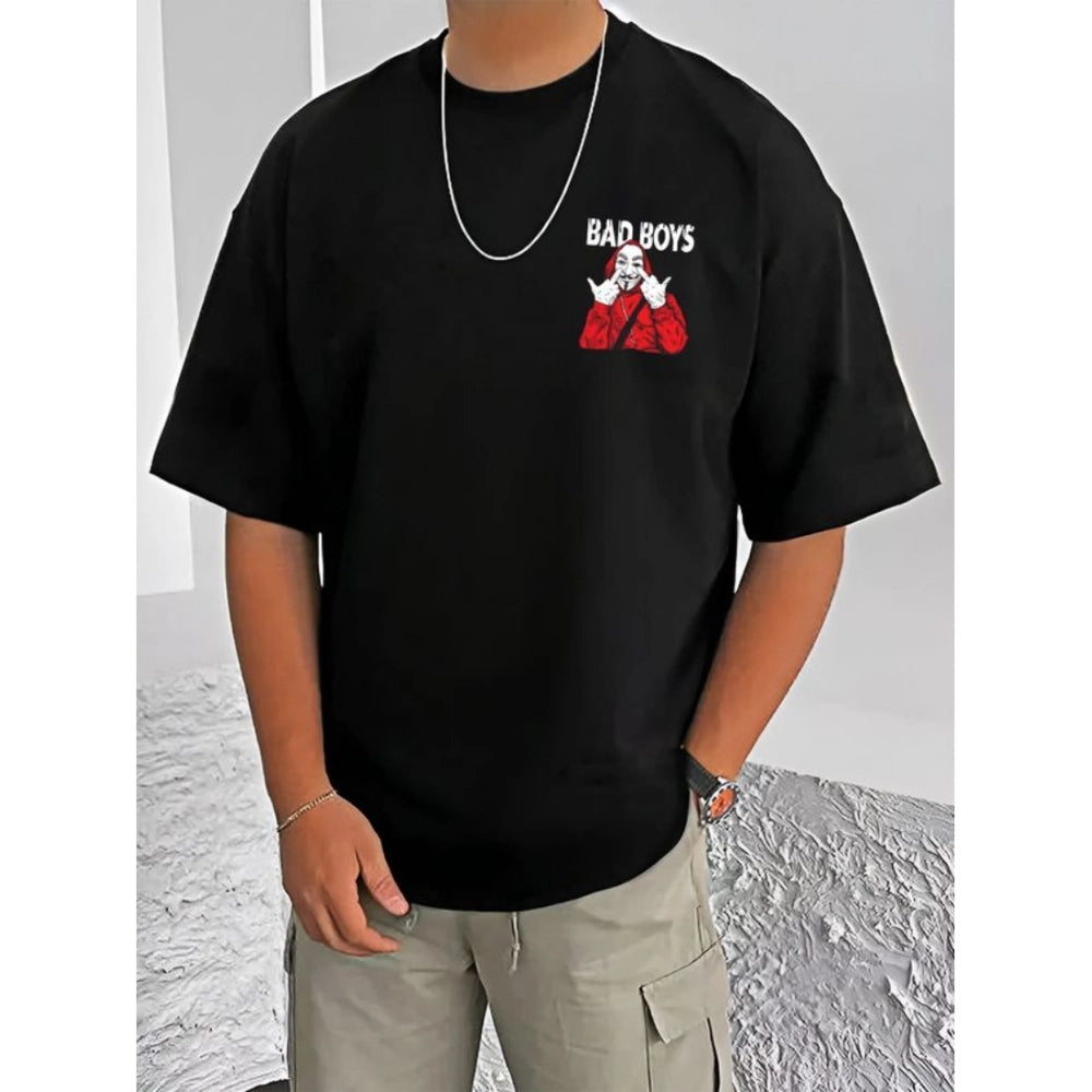 Men's Casual Cotton Blend Printed Round Neck Half Sleeve T-Shirt (Black)