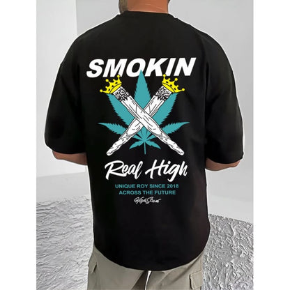 Men's Casual Cotton Blend Printed Round Neck Half Sleeve T-Shirt (Black)