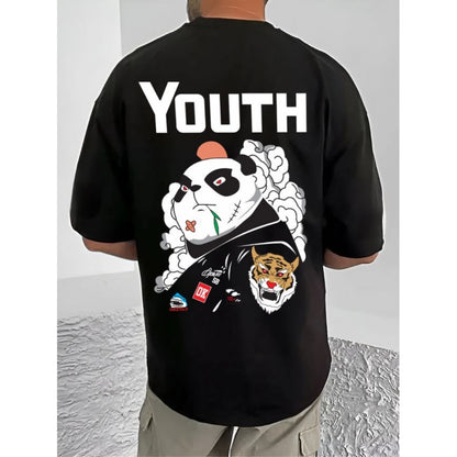 Men's Casual Cotton Blend Printed Round Neck Half Sleeve T-Shirt (Black)