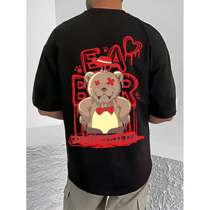 Men's Casual Cotton Blend Printed Round Neck Half Sleeve T-Shirt (Black)