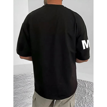 Men's Casual Cotton Blend Printed Round Neck Half Sleeve T-Shirt (Black)