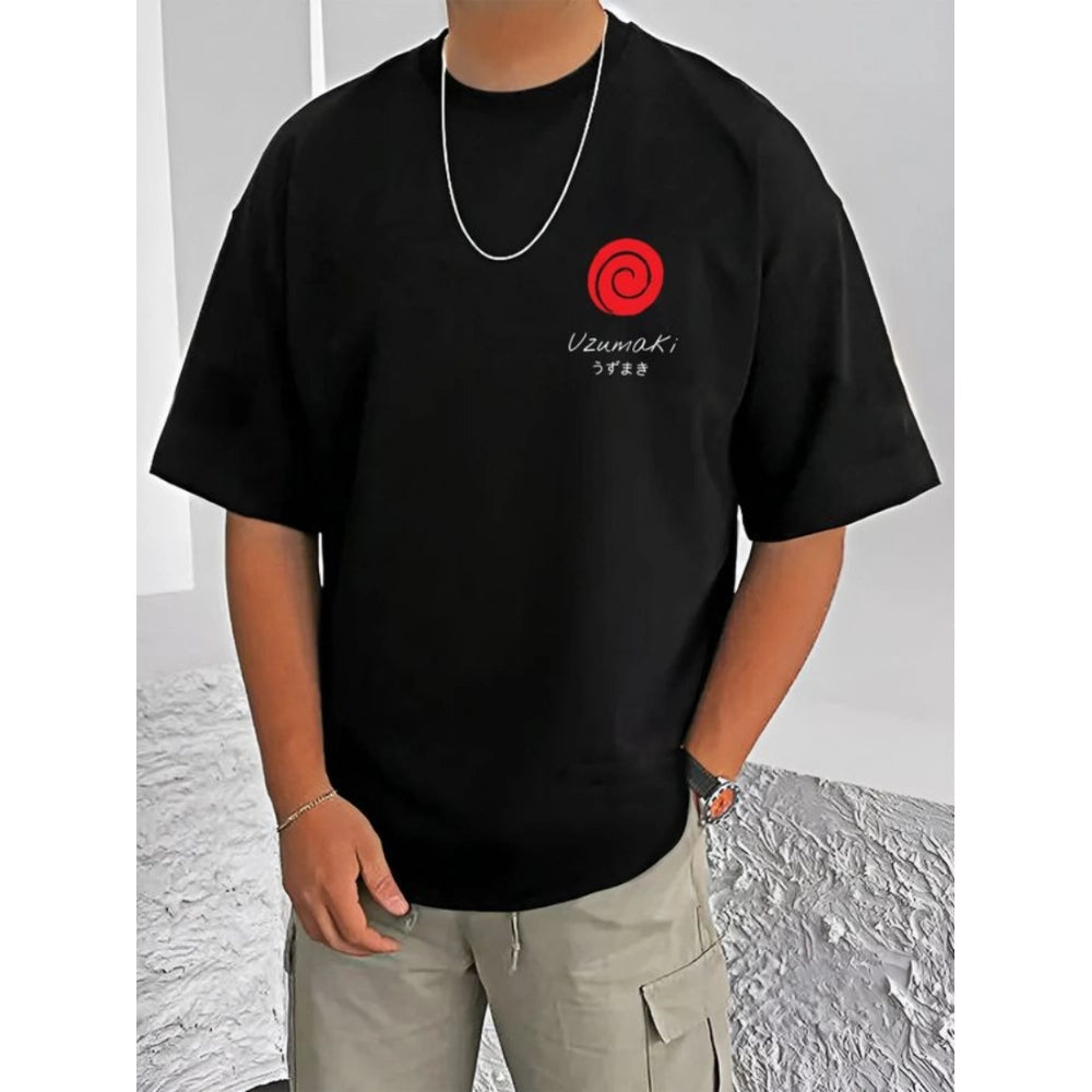 Men's Casual Cotton Blend Printed Round Neck Half Sleeve T-Shirt (Black)