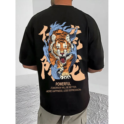 Men's Casual Cotton Blend Printed Round Neck Half Sleeve T-Shirt (Black)