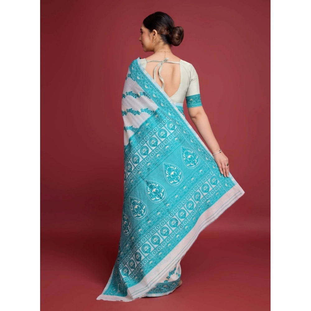 Women's Jamdani Cotton Silk Printed Saree With Unstitched Blouse 5.5Mtr (Rama)