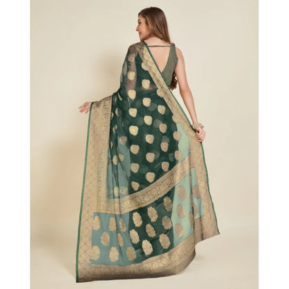 Women's Soft Organza Silk Weaving Design Saree With Unstitched Blouse 5.5Mtr (Green)